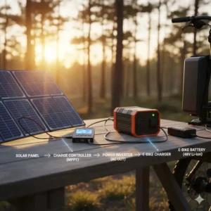 Diagram showing the complete solar setup and components needed to understand how to charge e bike battery without charger using sunlight.