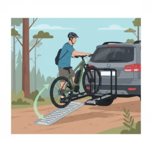 Illustration showing a person easily loading a heavy electric bicycle using the hitch mount bike rack with ramp.