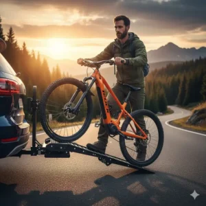 A person easily loading a heavy electric bicycle onto the hitch mounted bike rack with ramp.
