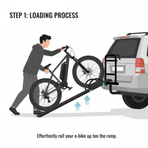 A person easily rolling a heavy electric mountain bike up the hitch bike rack with loading ramp.