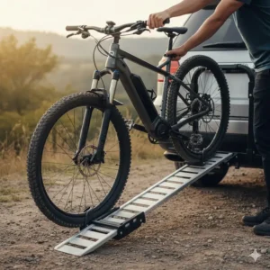A person easily rolling an electric bicycle up a hitch bike rack with ramp for ebikes.