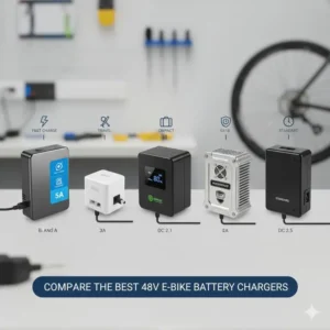 A comparison lineup showing several models of the best e bike battery chargers 48V side-by-side to highlight differences.