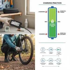 Diagram showing the optimal charge window between 20% and 80% to significantly improve how to extend e bike battery life and avoid full discharge or charge cycles.