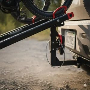 Detailed close-up of the 2-inch connection point of the bike rack with ramp for hitch receiver.