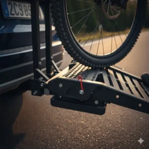 Close-up view of the secure connection point for the detachable hitch mounted bike rack with ramp.