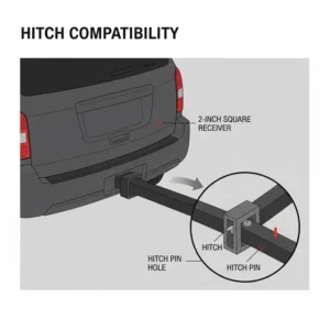 Technical drawing of a trailer hitch bike rack with ramp being installed into a 2-inch receiver.