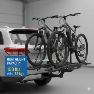 Close-up showing the sturdy construction and weight limit of a hitch bike rack with ramp for ebikes.