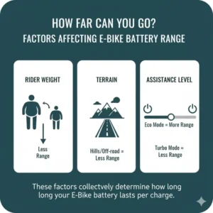 An infographic detailing factors like terrain and assist level that affect the range, which influences how long do e bike batteries last per charge.
