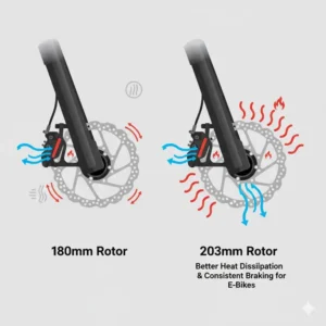 Comparison of 180mm versus 203mm rotor sizes to determine the most suitable recommended disc brakes for e bikes regarding heat dissipation.