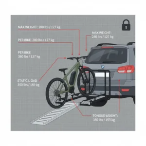 A technical diagram showing the weight capacity and durability of this hitch mount bike rack with ramp.