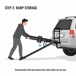 Detailed view of the foldable and detachable ramp system on a hitch bike rack with loading ramp.