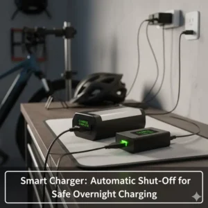 A close-up of a smart e-bike charger with an automatic shut-off feature, which is required if can you charge e bike battery overnight.