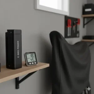 An electric bike battery stored indoors in a cool, dry place, which is an important step for how to extend e bike battery life and maximize longevity.