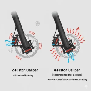 Visual of 4-piston calipers, showing the highly recommended disc brakes for e bikes upgrade for heavier loads.