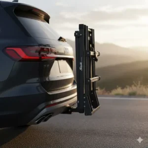 The compact folded position of the hitch mounted bike rack with ramp when not carrying bicycles.