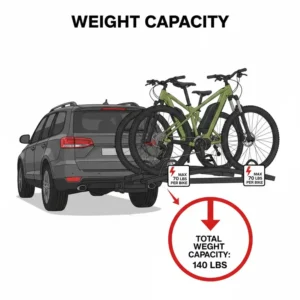 Graphic illustrating the maximum weight capacity of a trailer hitch bike rack with ramp.
