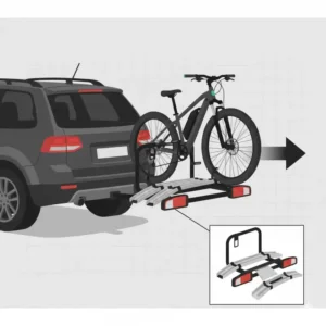 Illustration of the detachable loading ramp stored securely on the hitch mount bike rack with ramp.