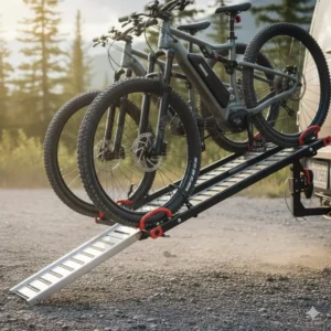 Showing the loading ramp securely attached to the bike rack with ramp for hitch receiver during transport.