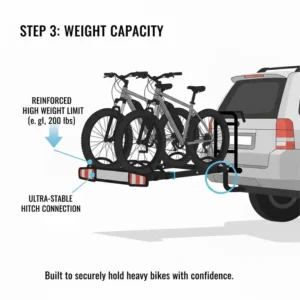 Technical diagram showing the heavy-duty steel construction of a hitch bike rack with loading ramp.