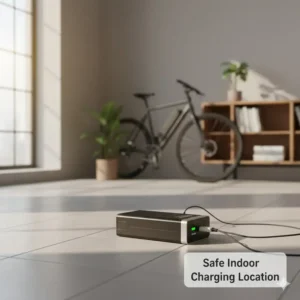 An e-bike battery being charged on a non-flammable surface indoors, demonstrating a safe environment if can you charge e bike battery overnight.