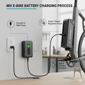 Illustration of the charging process, showing how the best e bike battery chargers 48V connect the battery to the power outlet.