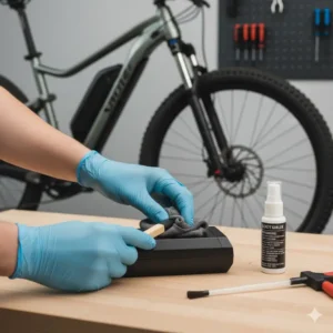 Hands carefully cleaning the metal contacts on an e-bike battery pack to ensure a secure connection, detailing how to extend e bike battery life through maintenance.