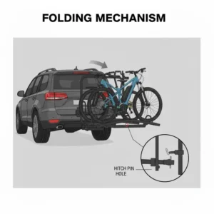 Illustration of a compact folding trailer hitch bike rack with ramp in a stored position.