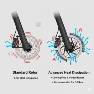 Illustration of cooling fins and vents for superior heat management in recommended disc brakes for e bikes systems.
