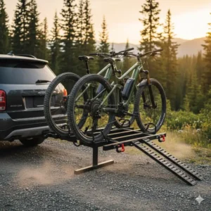 High weight capacity showcase of two mountain bikes on the bike rack with ramp for hitch receiver.