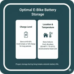 An image showing proper storage conditions for an e-bike battery, a key factor in maximizing how long do e bike batteries last.