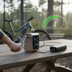 Demonstrating a hand-crank generator, an emergency option for how to charge e bike battery without charger manually.