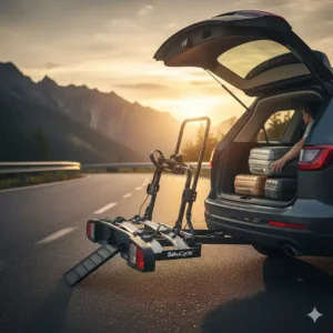 Demonstrating the tilt-away feature of the hitch mounted bike rack with ramp for easy trunk access.