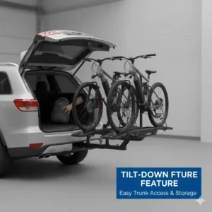 Demonstration of the tilt-away function of a hitch bike rack with ramp for ebikes to access the vehicle trunk.