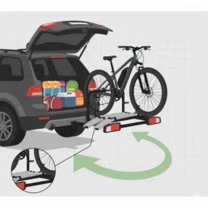 Side view illustration of the tilt-away function of the hitch mount bike rack with ramp for trunk access.