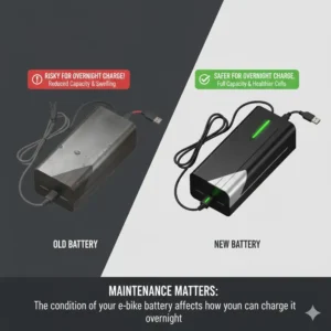 A comparison showing an aged e-bike battery, highlighting that its condition affects whether can you charge e bike battery overnight.
