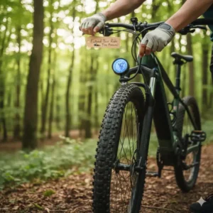 A cyclist checking the air pressure of an e-bike tire, demonstrating a simple way to reduce motor strain and impact how to extend e bike battery life and range.