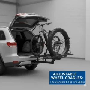 Illustration of extra-wide tire cradles on a hitch bike rack with ramp for ebikes fitting fat tire bikes.