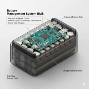 Close-up of the Battery Management System (BMS) detailing safety mechanisms when learning how to charge e bike battery without charger.