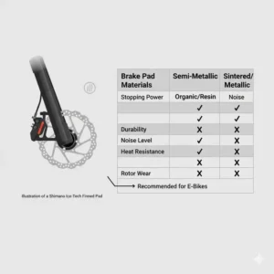 Chart detailing semi-metallic pad performance, a material often included in recommended disc brakes for e bikes for durability.