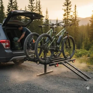 Demonstrating the smart tilting mechanism of the bike rack with ramp for hitch receiver for trunk access.