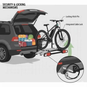 Close-up illustration of fat tire bikes fitting perfectly on the hitch mount bike rack with ramp.
