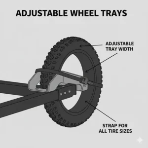 Close-up of adjustable wheel trays on a trailer hitch bike rack with ramp for fat tires.