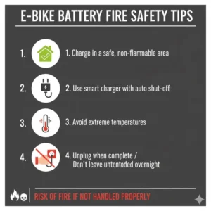 Visual safety tips (like having a smoke detector) near a charging area, essential information if you wonder can you charge e bike battery overnight.