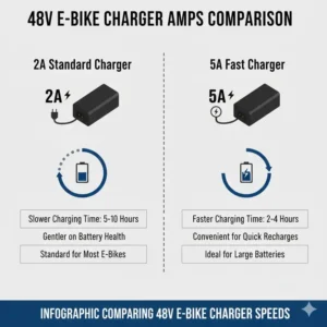 Infographic comparing the charging speeds (Amps) between different models of the best e bike battery chargers 48V.
