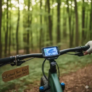 Dashboard display of an e-bike showing a lower pedal assist (PAS) level selected, showing users how to extend e bike battery life by conserving power usage.