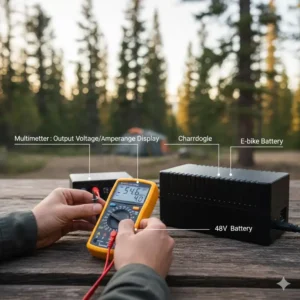 Using a multimeter to verify voltage, an essential safety step for how to charge e bike battery without charger with alternative sources.