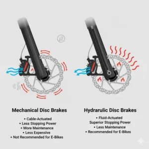 Side-by-side comparison explaining why hydraulic brakes are generally the recommended disc brakes for e bikes over mechanical ones.