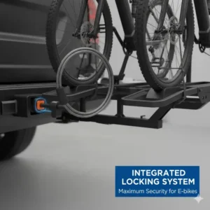 Showing the heavy-duty frame hooks and straps on a hitch bike rack with ramp for ebikes.