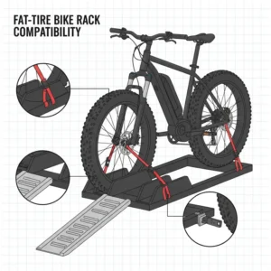 Illustration of the locking mechanisms and anti-wobble system of the hitch mount bike rack with ramp.