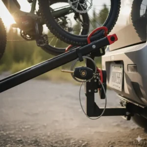 The integrated locking system and anti-rattle hitch pin of the bike rack with ramp for hitch receiver.